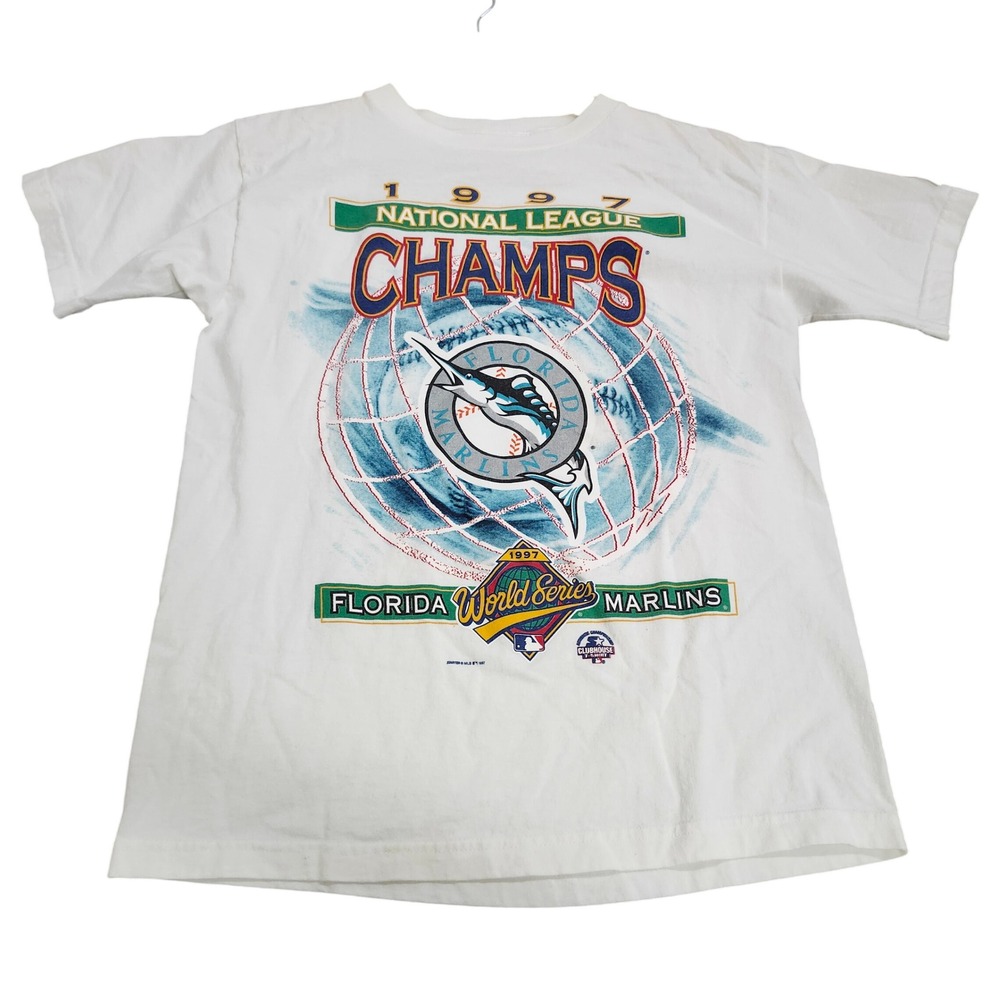 FLORIDA MARLINS YOUTH L WHITE MLB 1997 NL CHAMPS WORLD SERIES STARTER EUC